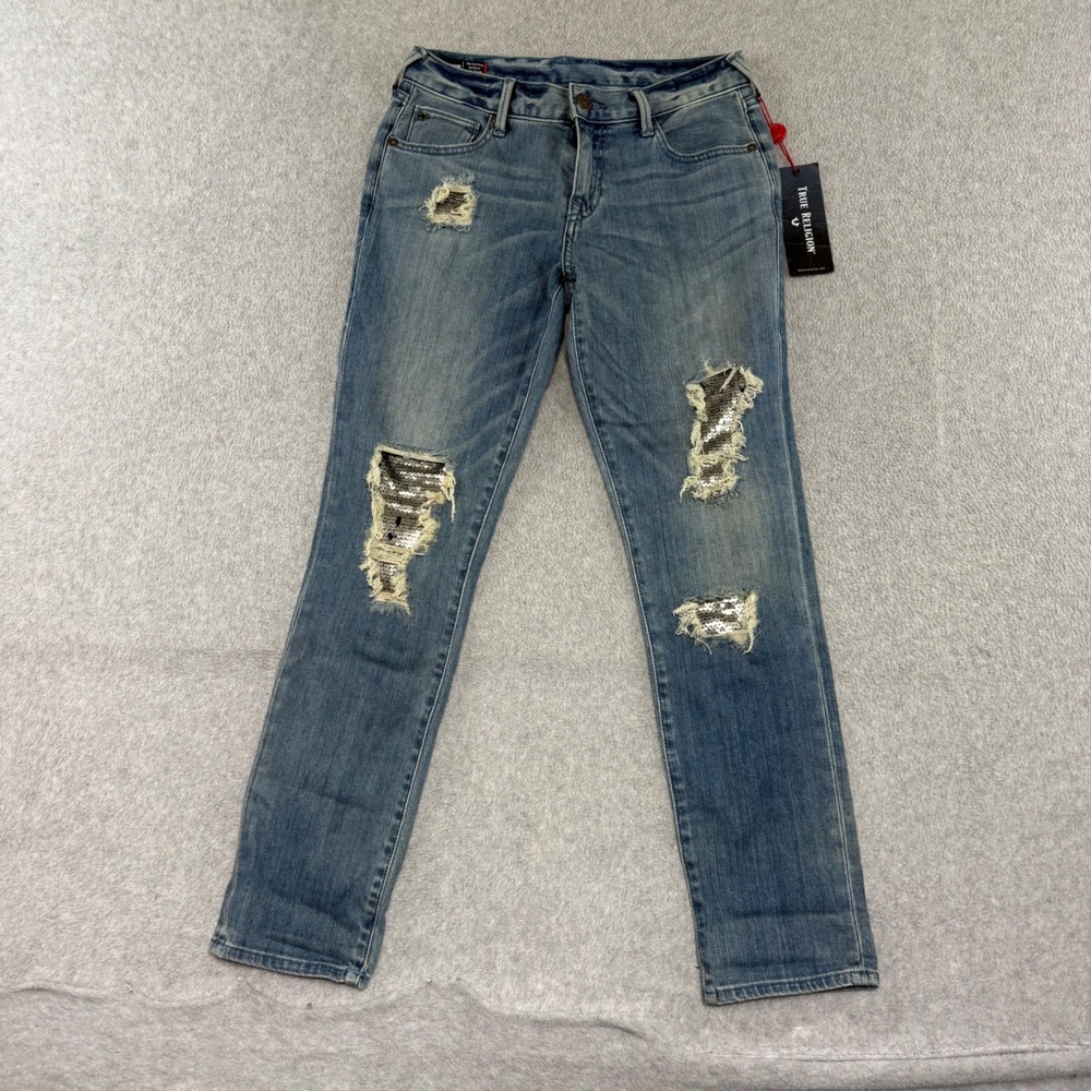 True Religion Cameron Slim Boyfriend Jeans Womens 25 Blue Sequin Distressed